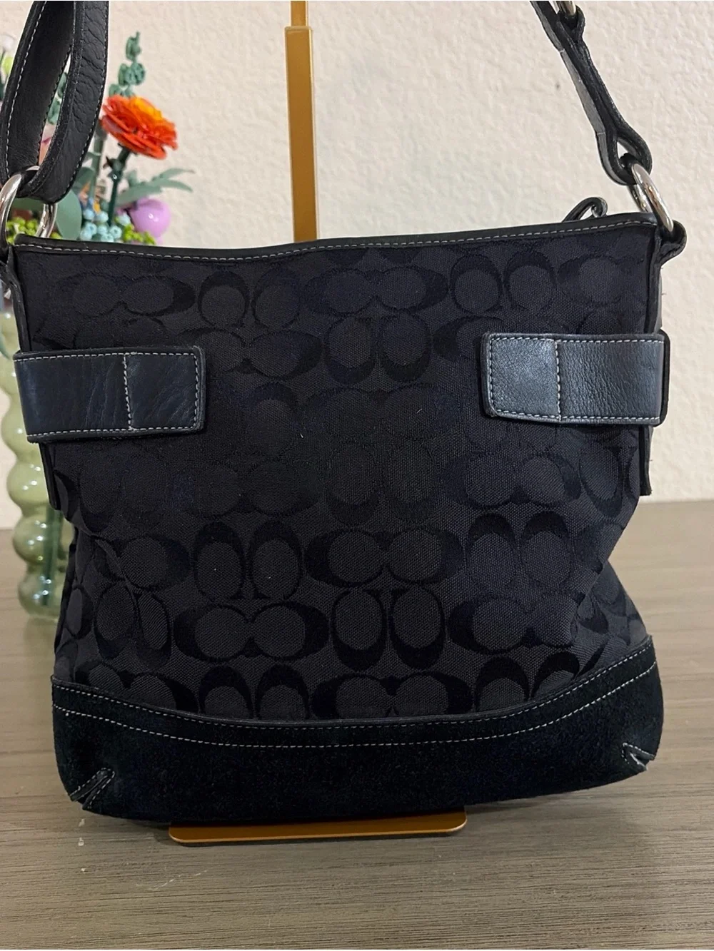 Coach 3574 Signature Shoulder Bag Black Canvas/Leather/Suede